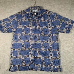 Bluewater Shirt Mens XL Blue Geometric Fish Short Sleeve Button Front‎ Cotton